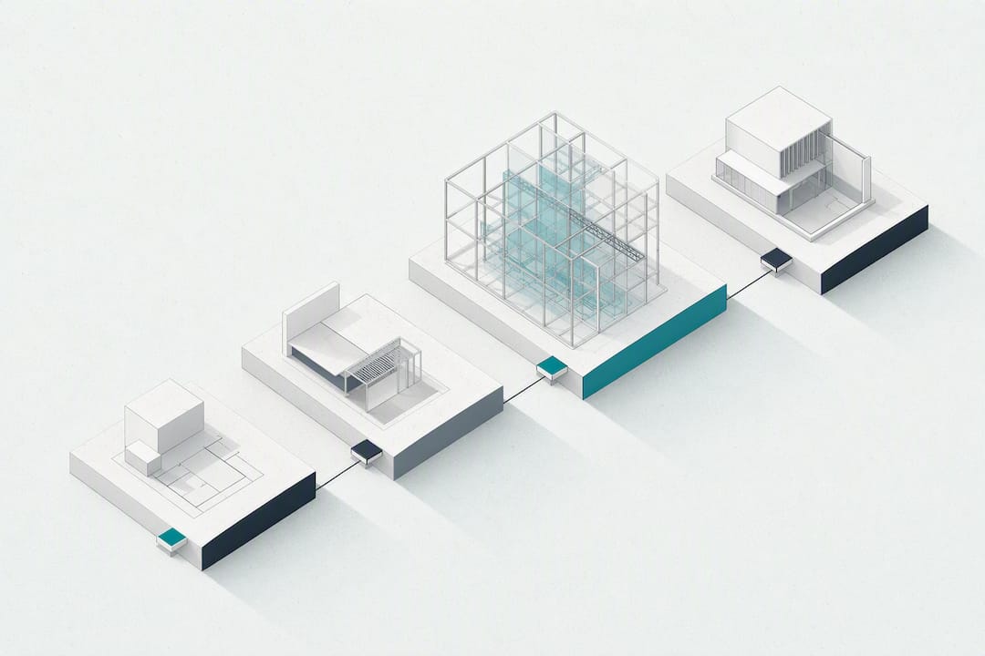 Isometric illustration of coordinated project stages